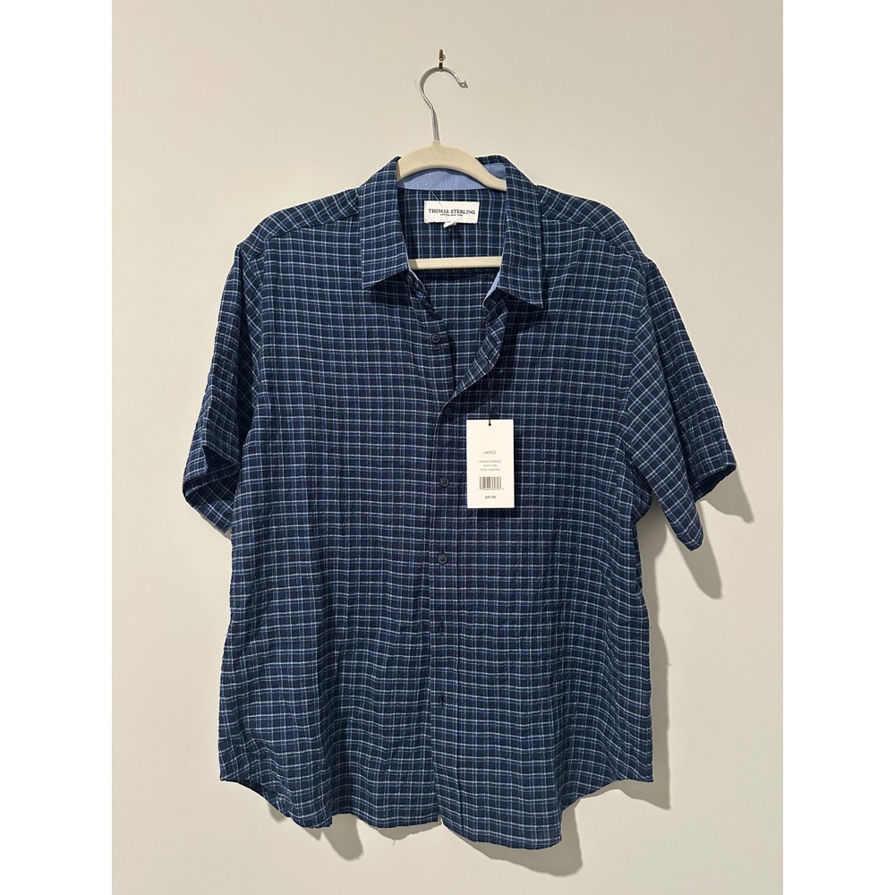 Thomas Sterling Mens Blue Small Check Short Sleeve Button Down Shirt Large Boxy